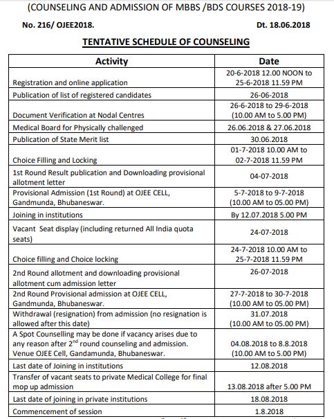 OJEE Counselling 2018 Dates